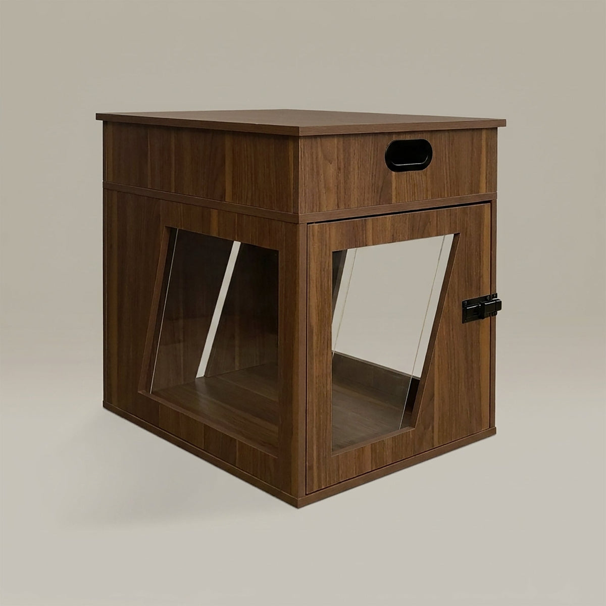 Wooden pet crate with transparent door on a beige background