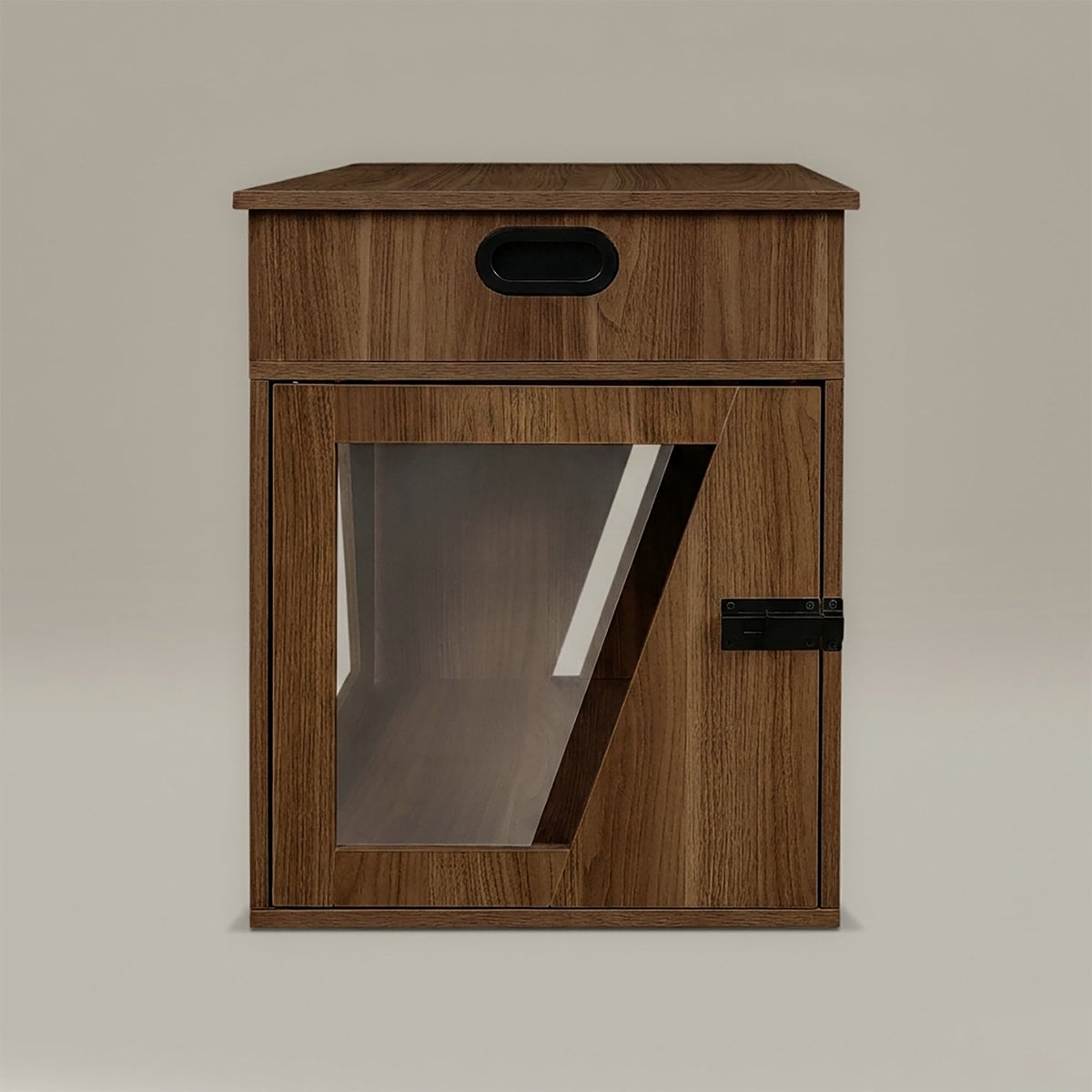 Wooden pet door with acrylic panel on a beige background