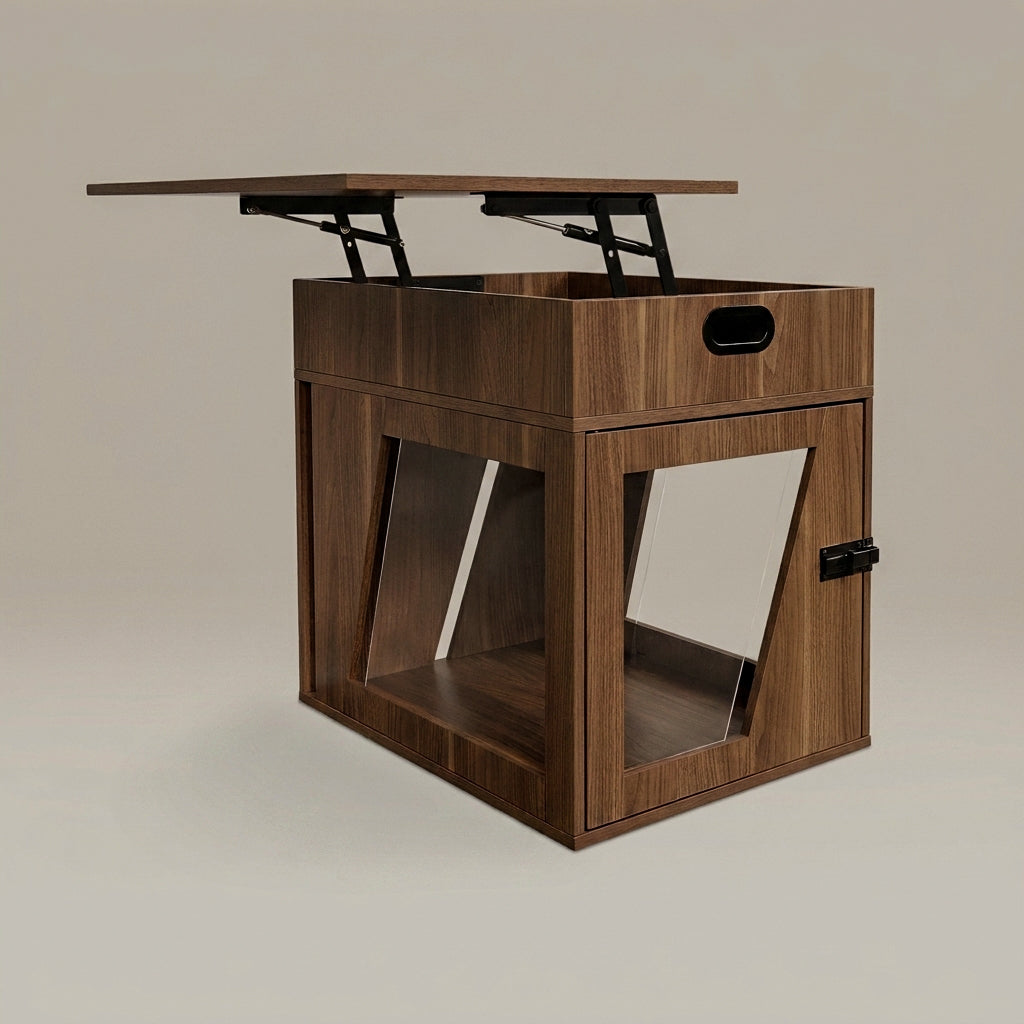 Wooden pet crate with a lift-up lid on a beige background