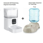 Automatic self-dispensing dog/cat food feeder and water dispenser for cats/dogs on a white background.