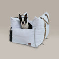 Dog inside a white pet carrier on a beige background