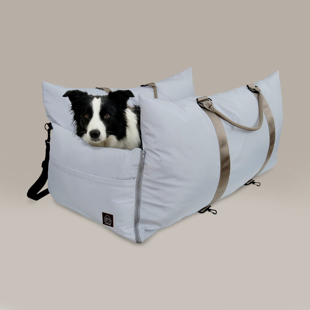 Dog peeking out of a white pet carrier with a beige strap on a beige background