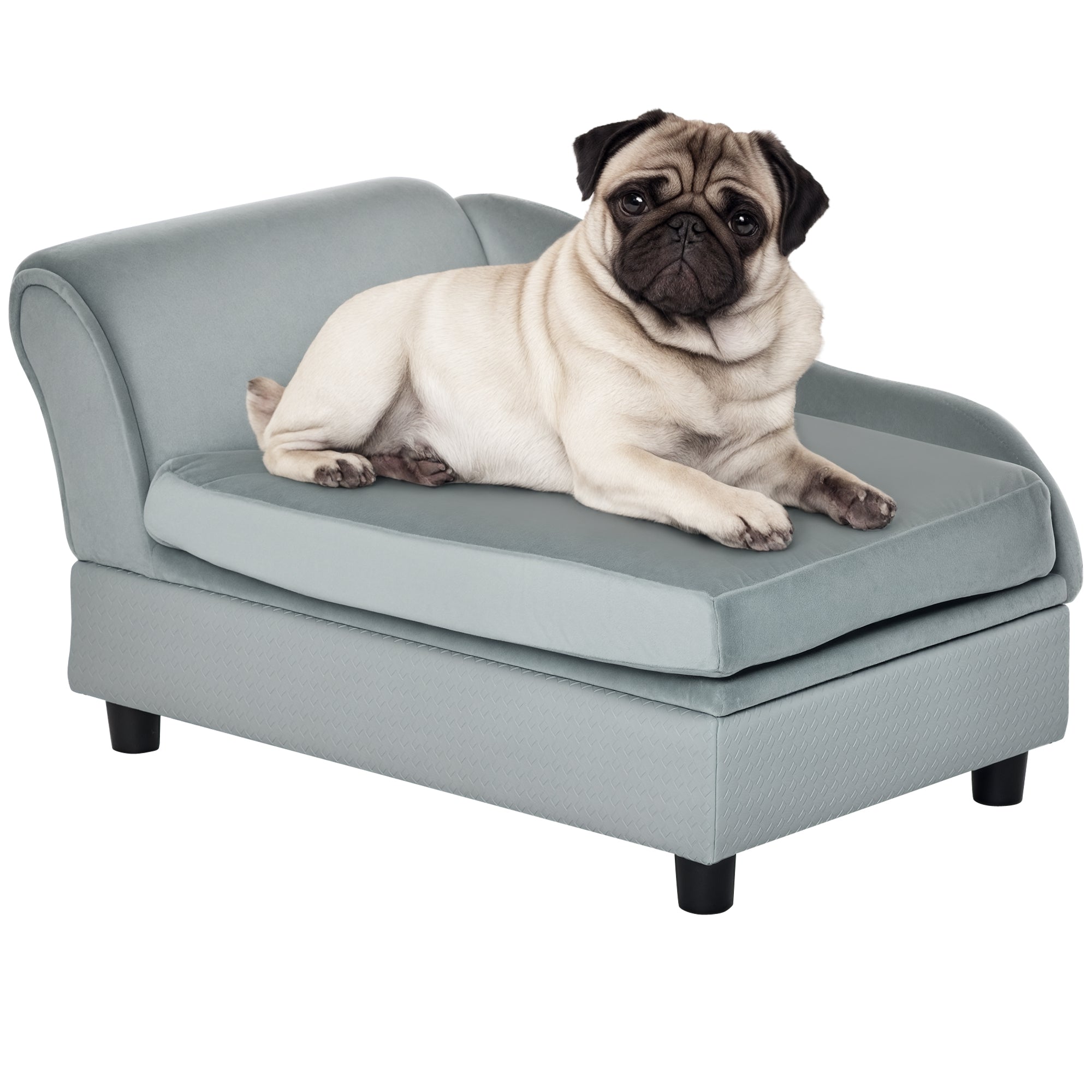 Pug lying on a small gray pet couch with a white background