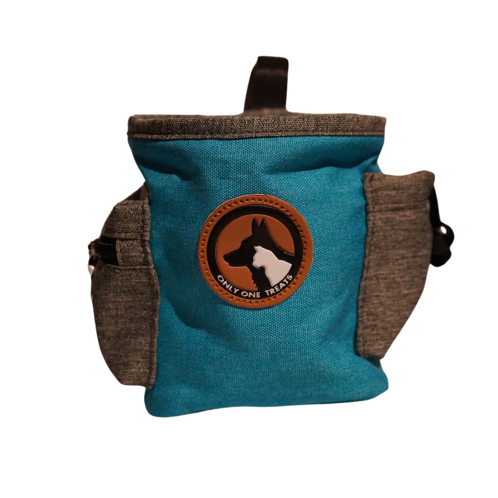 Blue and brown treat bag with a dog logo on a white background