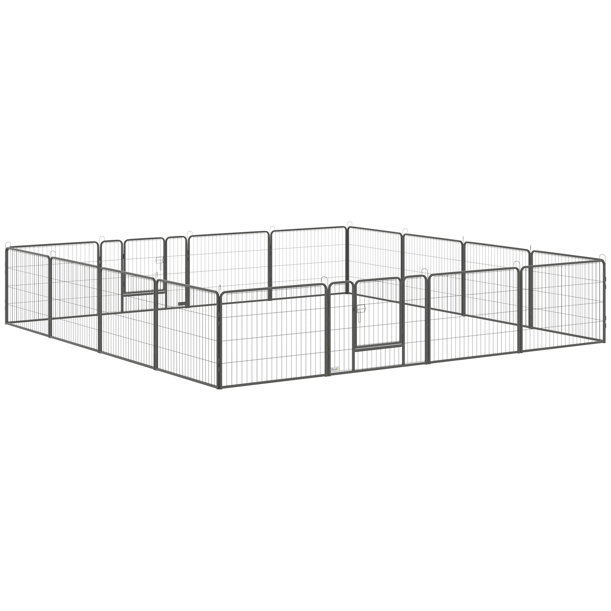 Black metal pet playpen on a white background