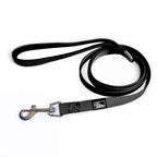 Black dog leash with a silver clip on a white background