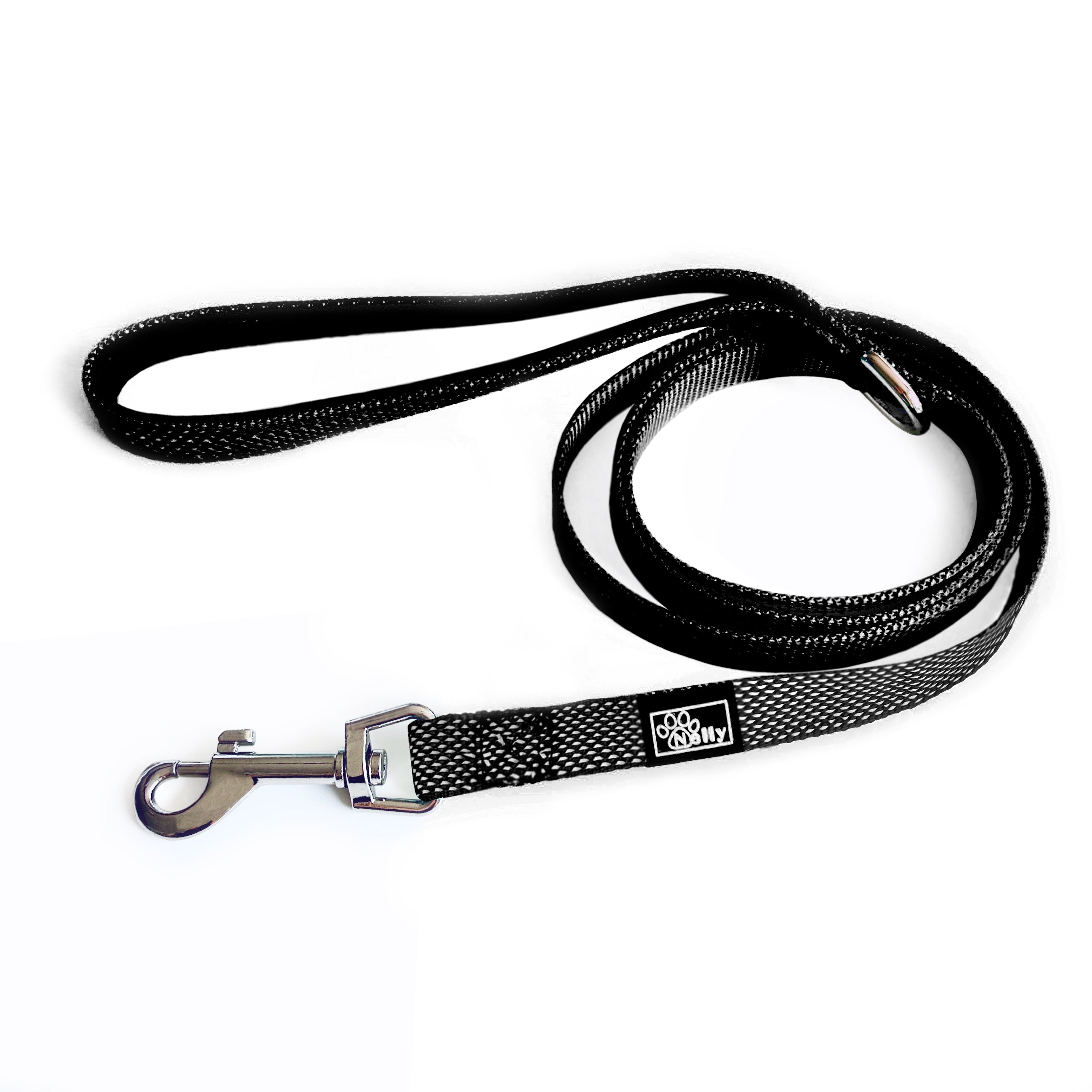 Black dog leash with a silver clip on a white background
