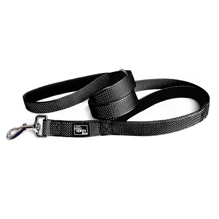 Black dog leash with a clip on a white background