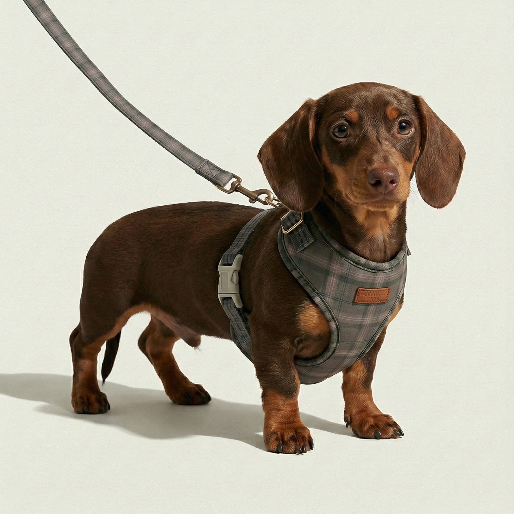 Dachshund wearing a plaid harness on a light background