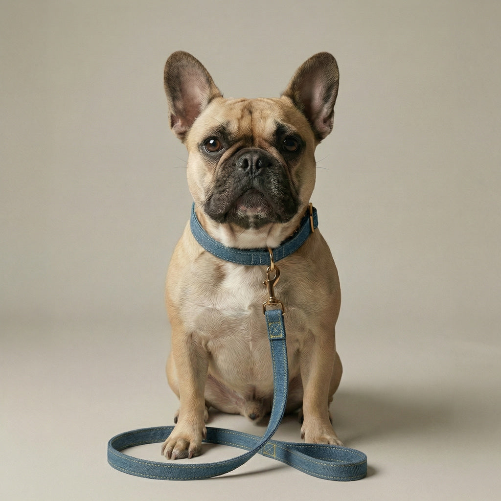 Dog wearing a blue collar and leash on a beige background