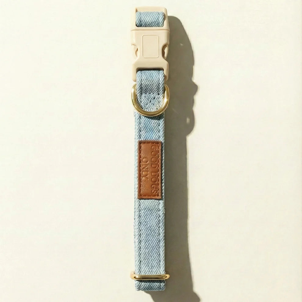 Denim dog collar with beige buckle on a beige background