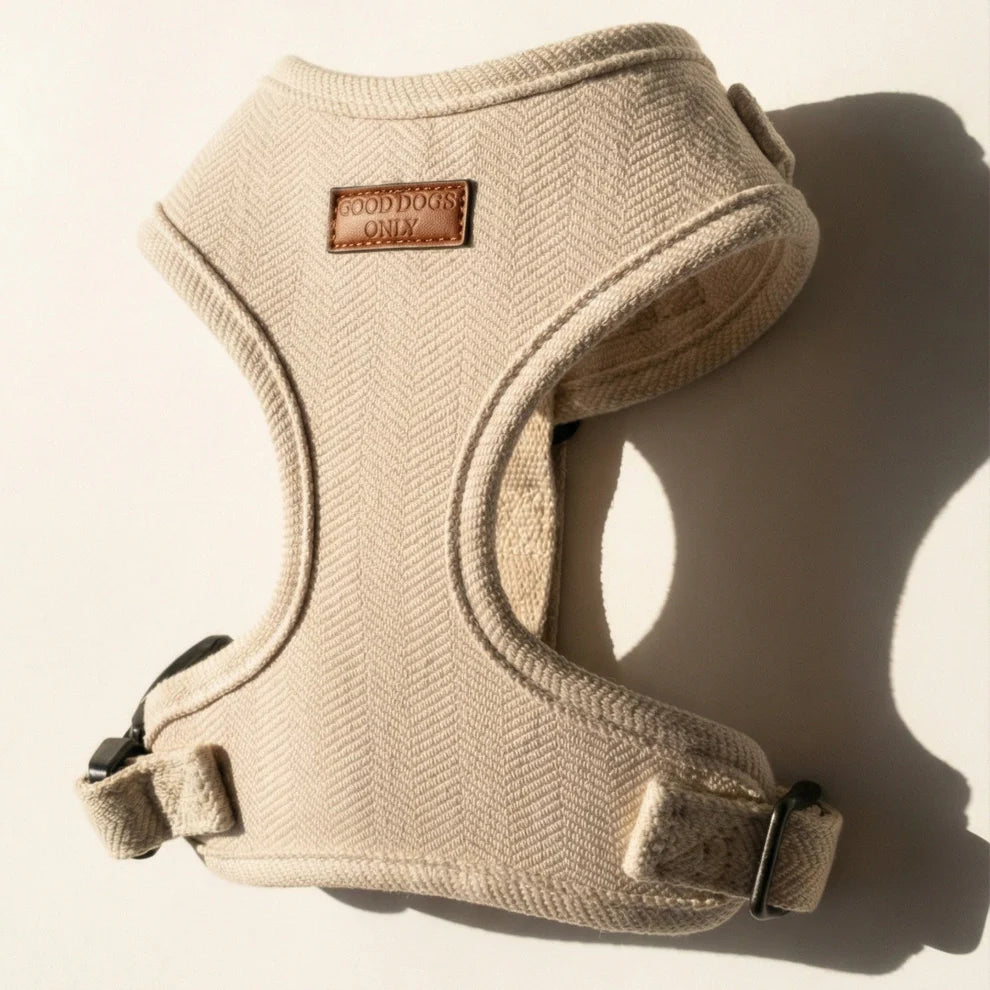 Beige dog harness with a brand label on a light background