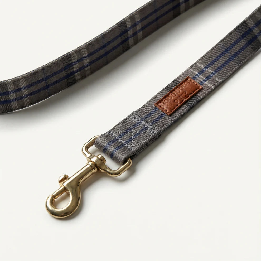 Plaid dog leash with gold clasp and brown leather tag on a white background