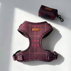 Red plaid dog harness with matching pouch on a white background