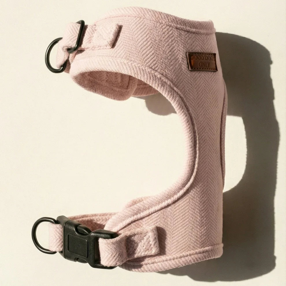 Pink dog harness with black hardware on a beige background