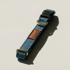 Blue dog collar with gold hardware and a brown leather patch on a light beige background