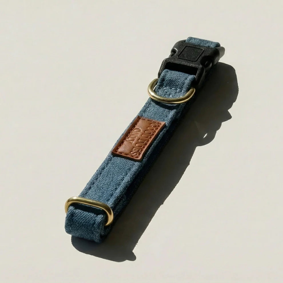 Blue dog collar with gold hardware and a brown leather patch on a light beige background