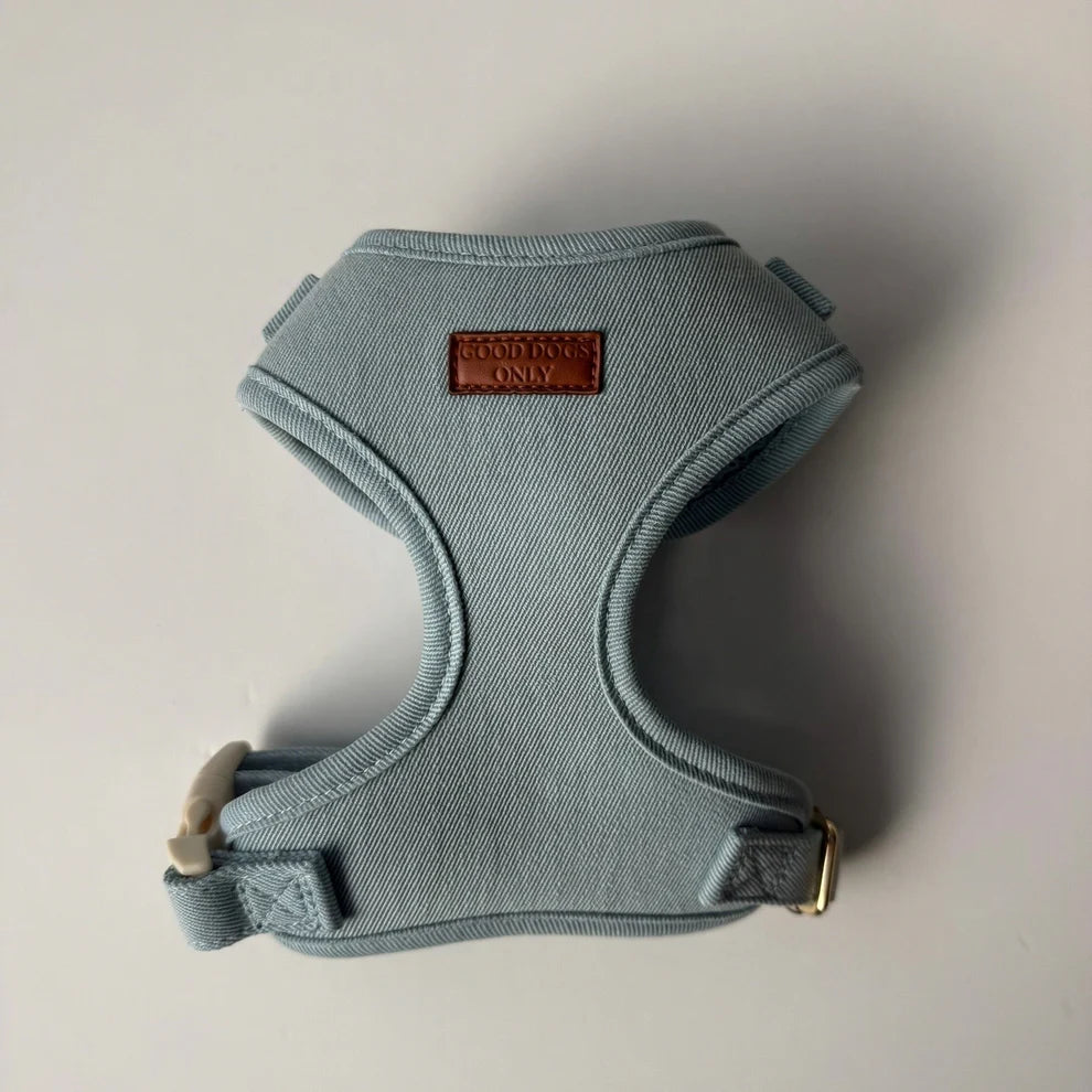 Light blue dog harness with a brown leather patch on a light gray background