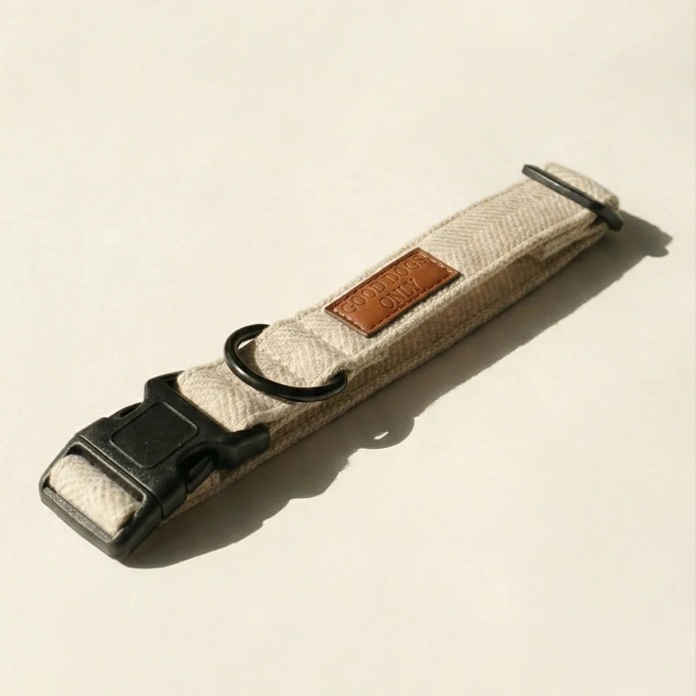 Beige dog collar with a brown leather patch on a beige background