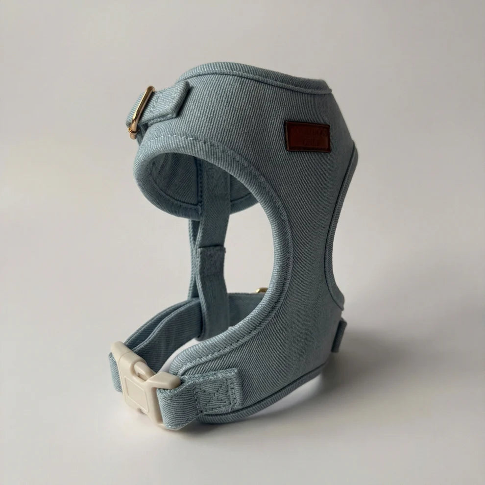 Blue dog harness on a light gray background