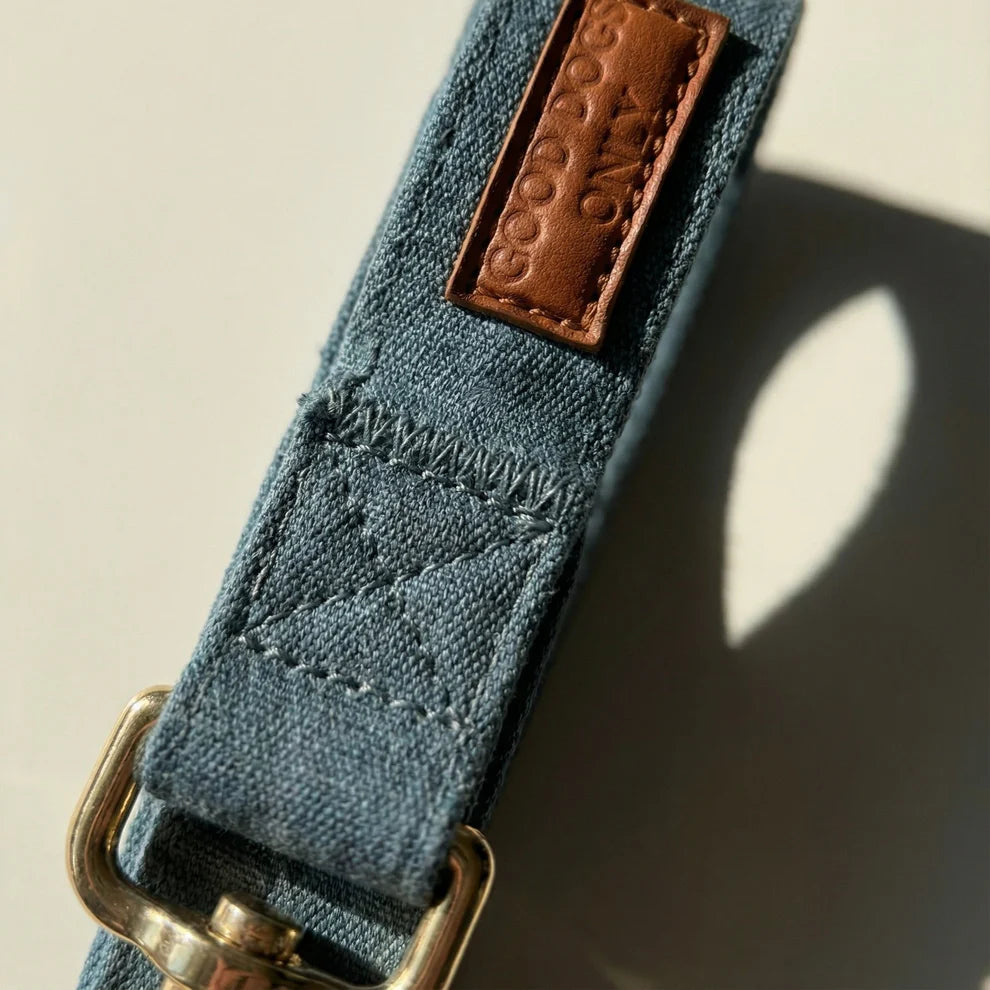 Blue dog leash with a brown leather patch and gold buckle on a neutral background