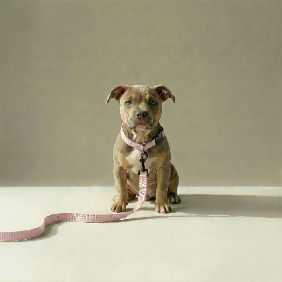 Puppy on a leash sitting on a light surface with a neutral background