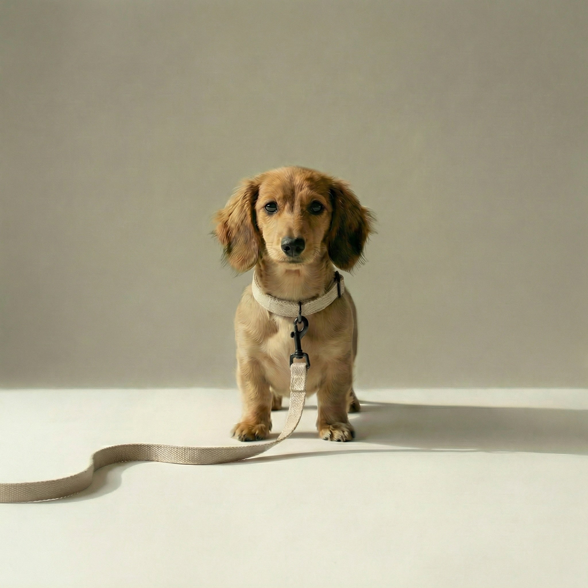 Small dog on a leash standing on a light surface with a neutral background