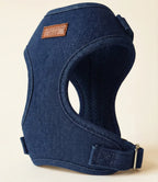 Blue dog harness with a visible brand label on a beige background