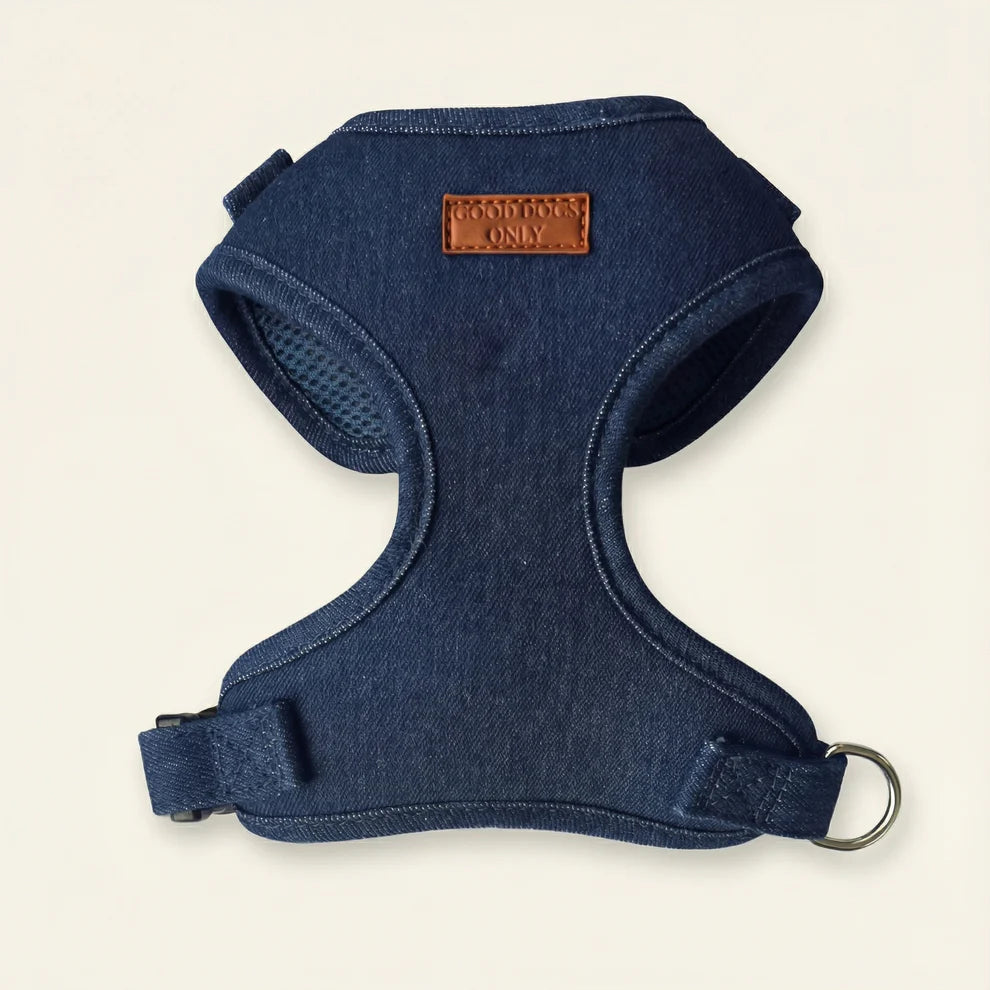 Blue dog harness with a brown leather patch on a beige background