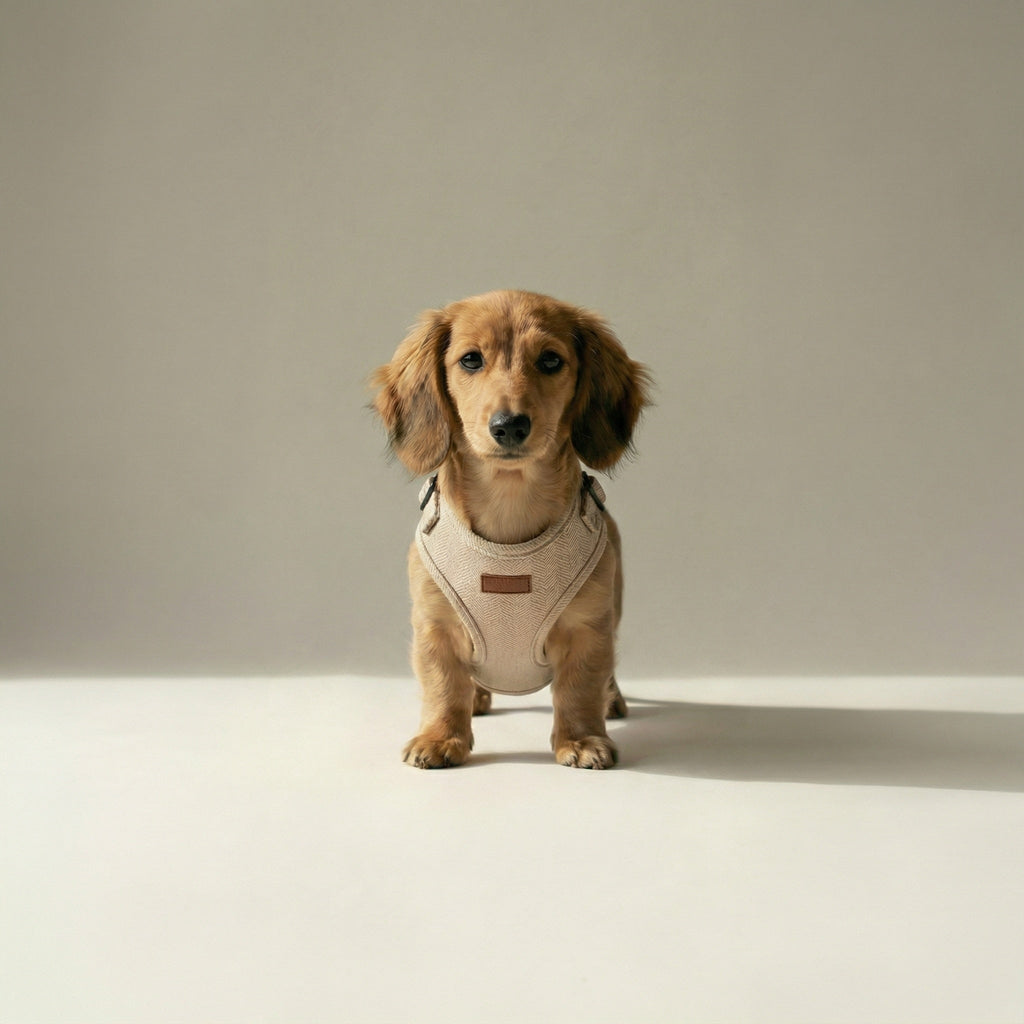Small dog wearing a beige harness on a plain background