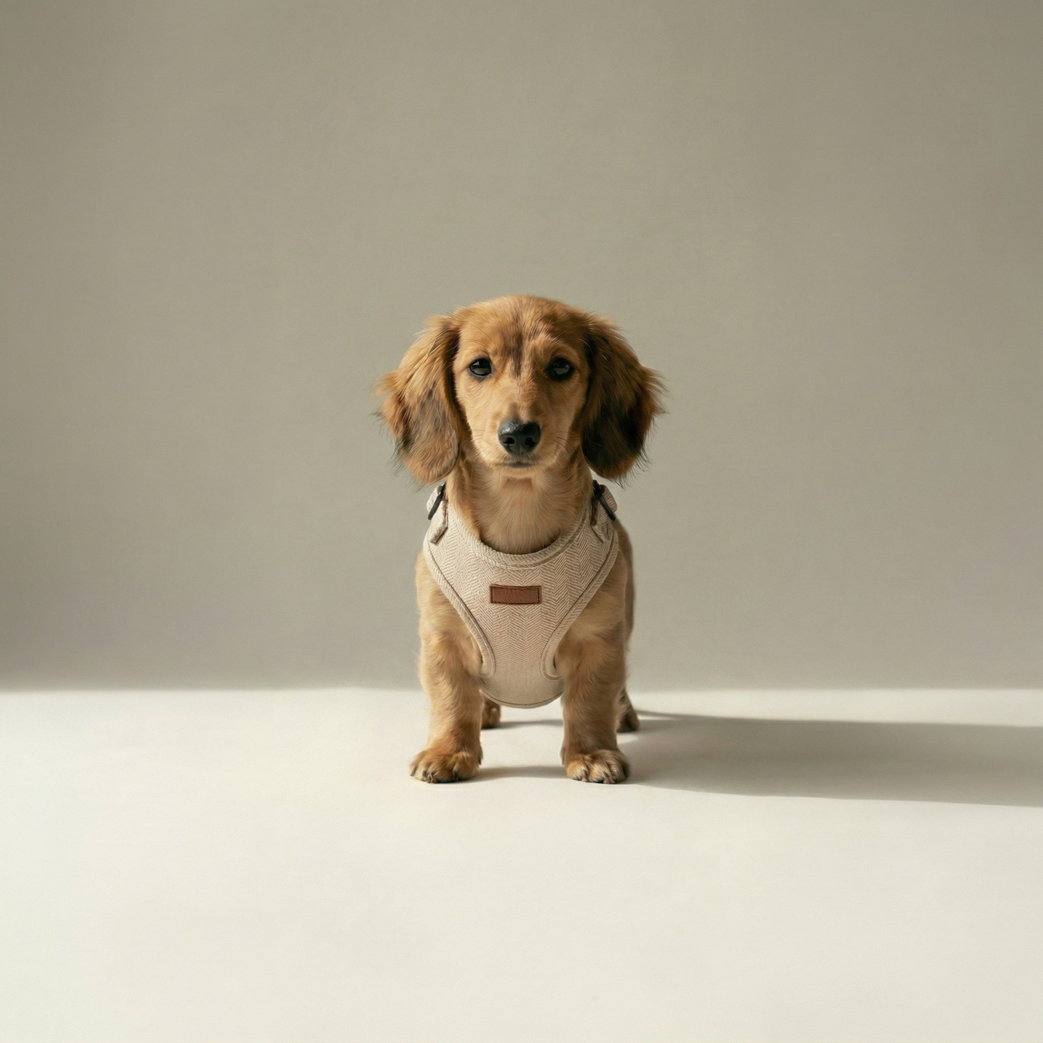 Small dog wearing a beige harness on a plain background
