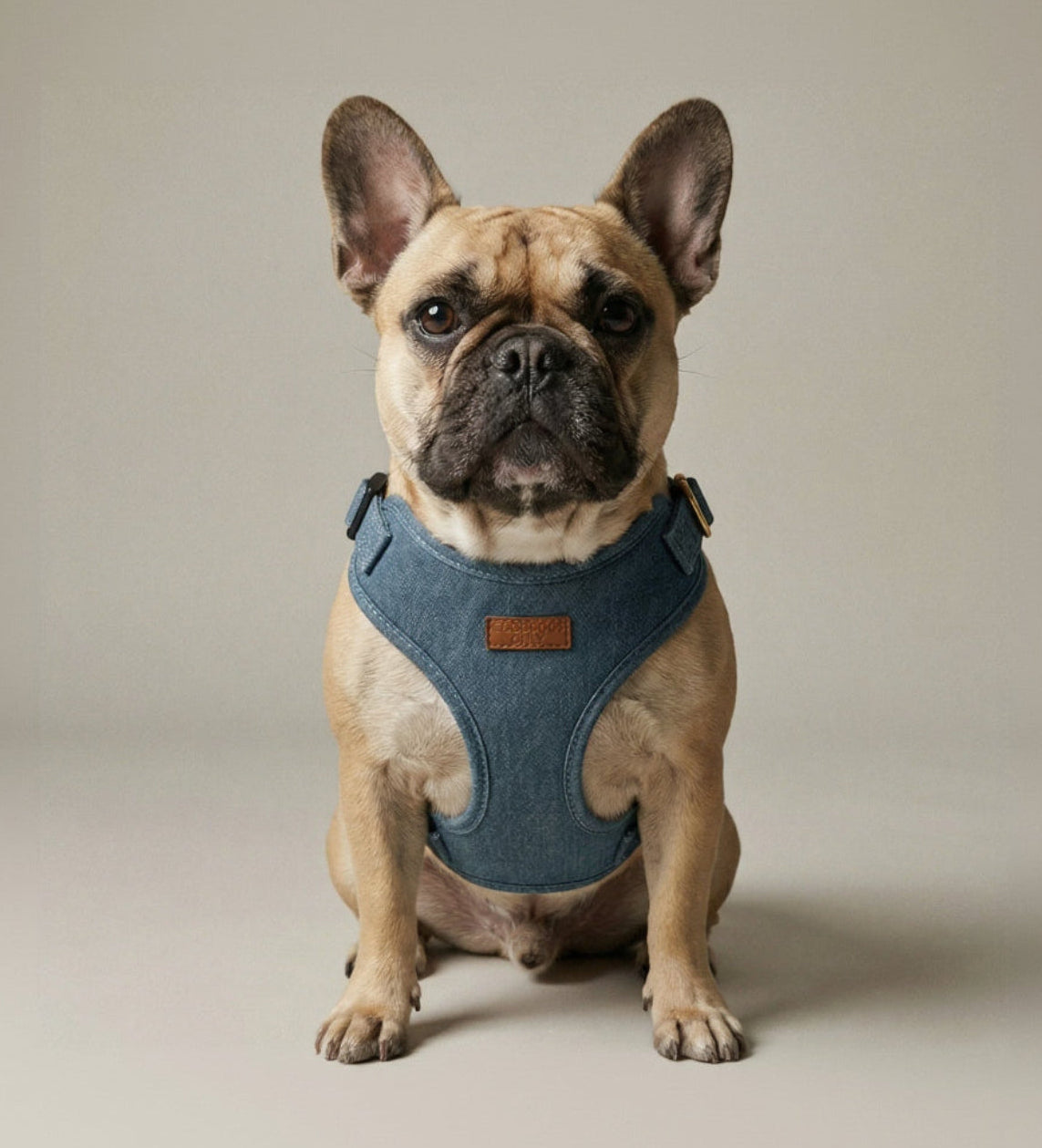 Dog wearing a blue denim harness on a plain background