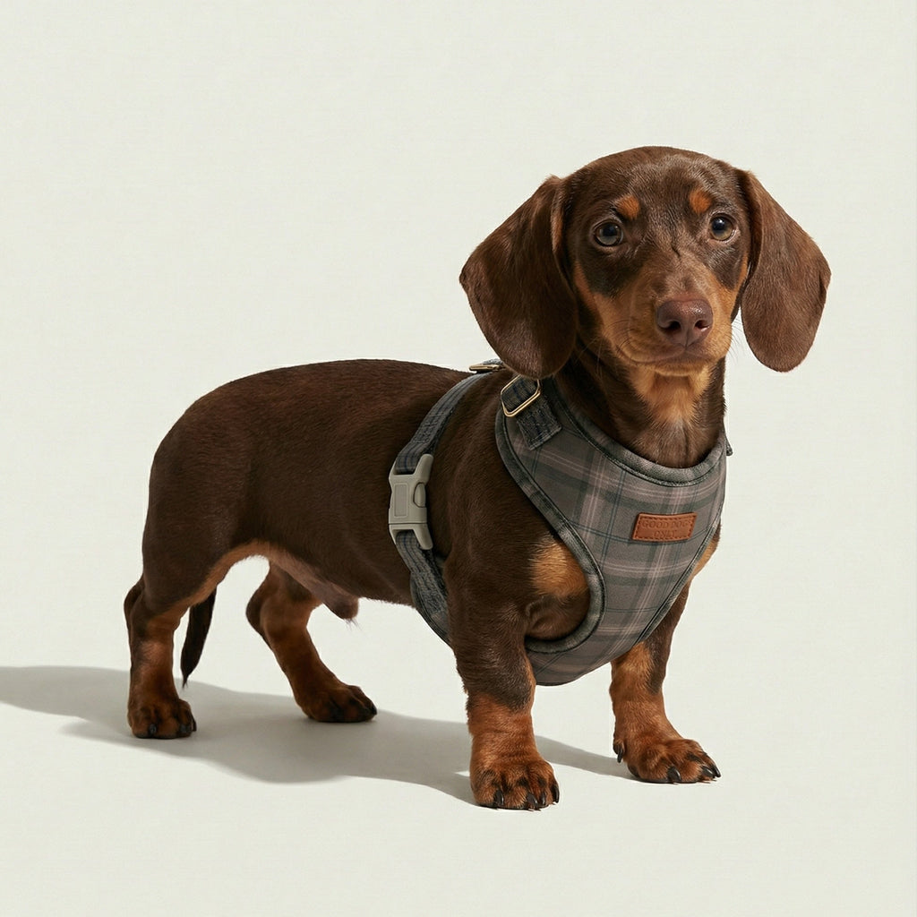 Dachshund wearing a plaid harness on a plain background