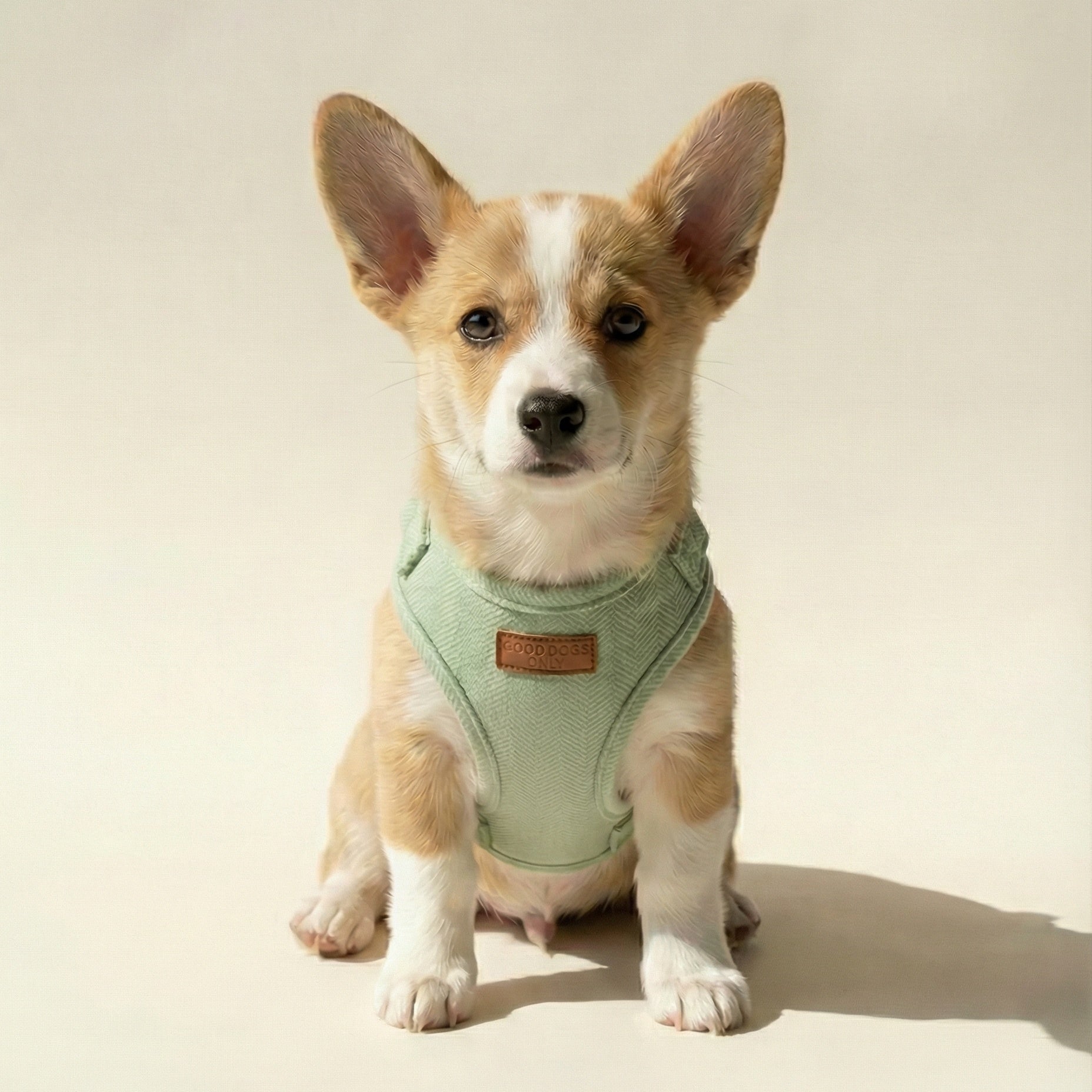 Corgi puppy wearing a green harness on a beige background
