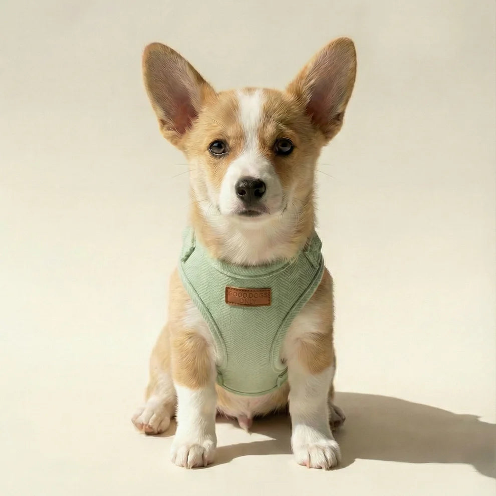 Corgi puppy wearing a green harness on a beige background