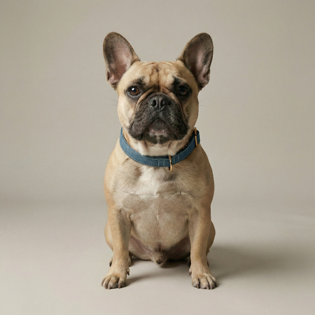Beige French Bulldog wearing a blue denim collar on a beige background