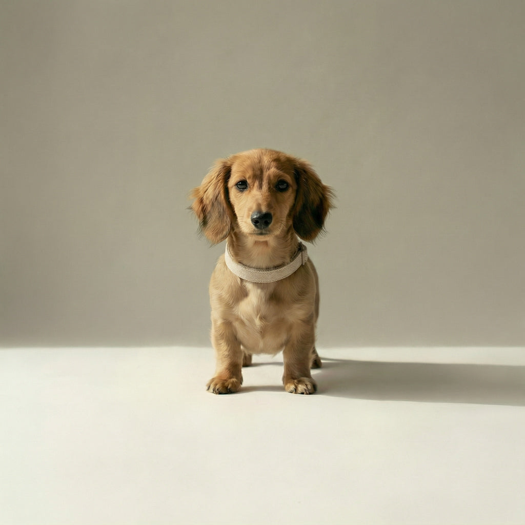 Small dog wearing a beige collar on a plain background