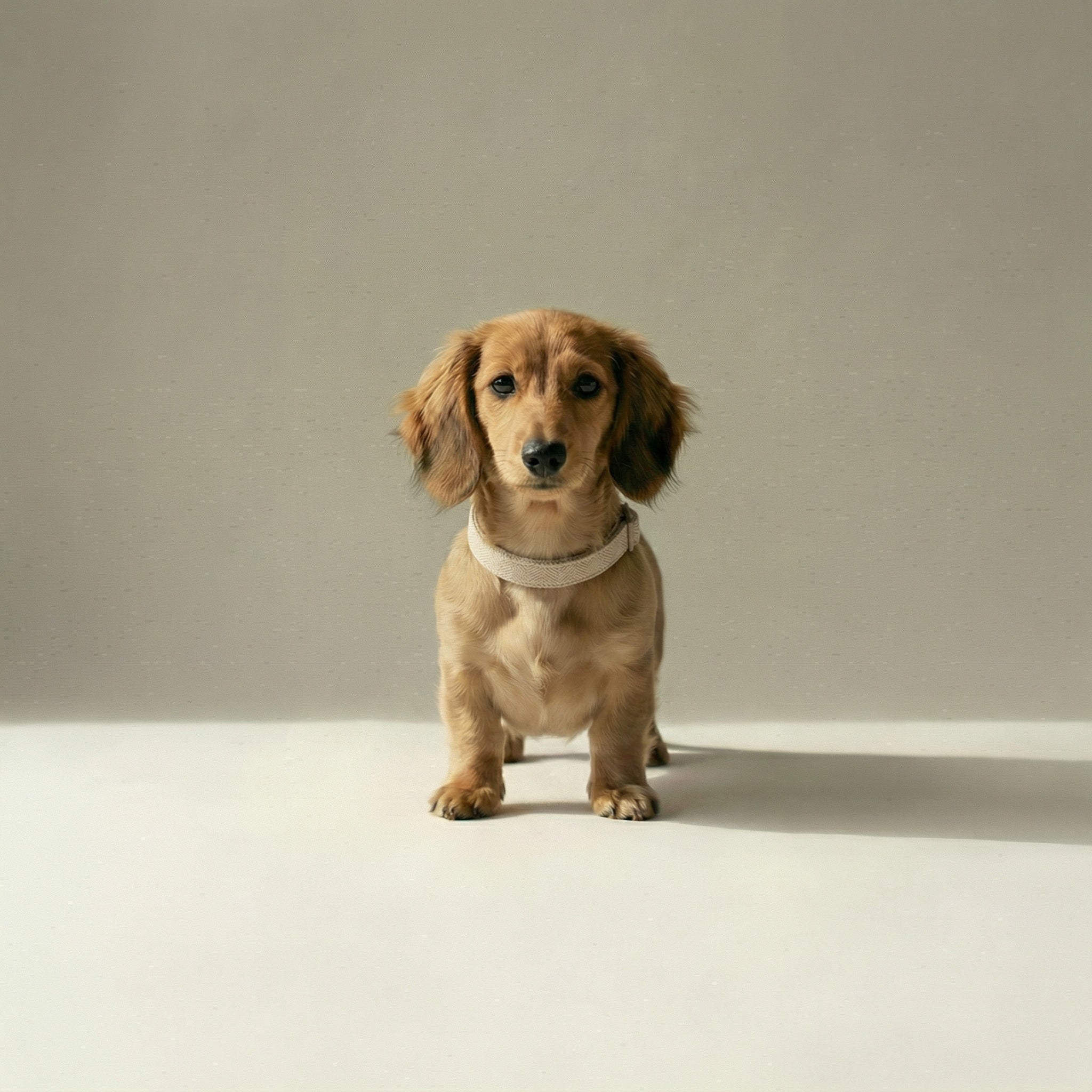 Small dog wearing a beige collar on a plain background