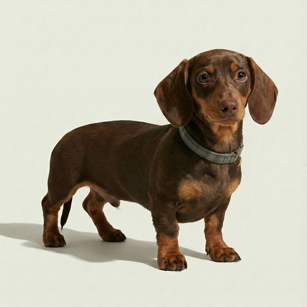 Brown dachshund standing on a light background wearing a plaid collar