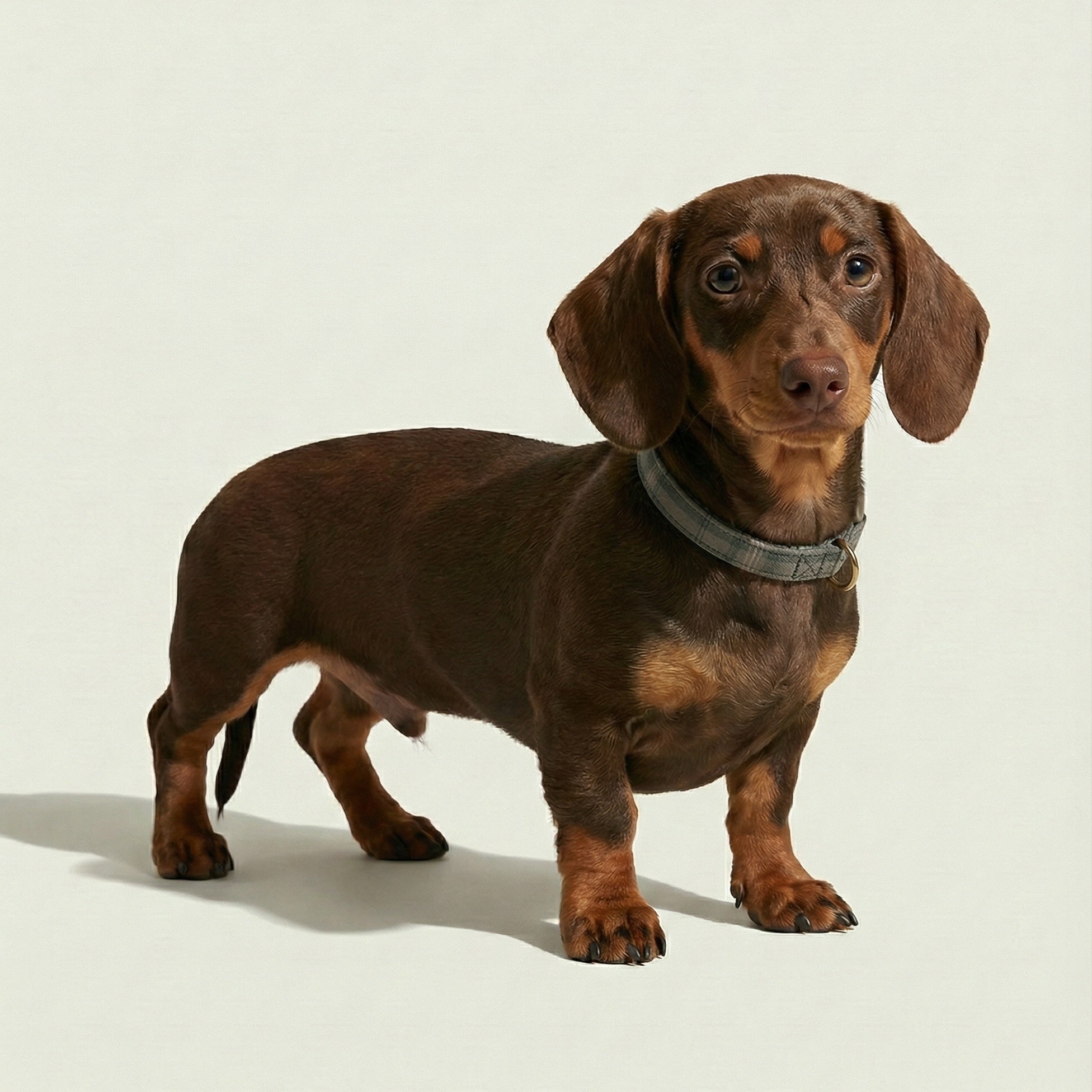Brown dachshund standing on a light background wearing a plaid collar