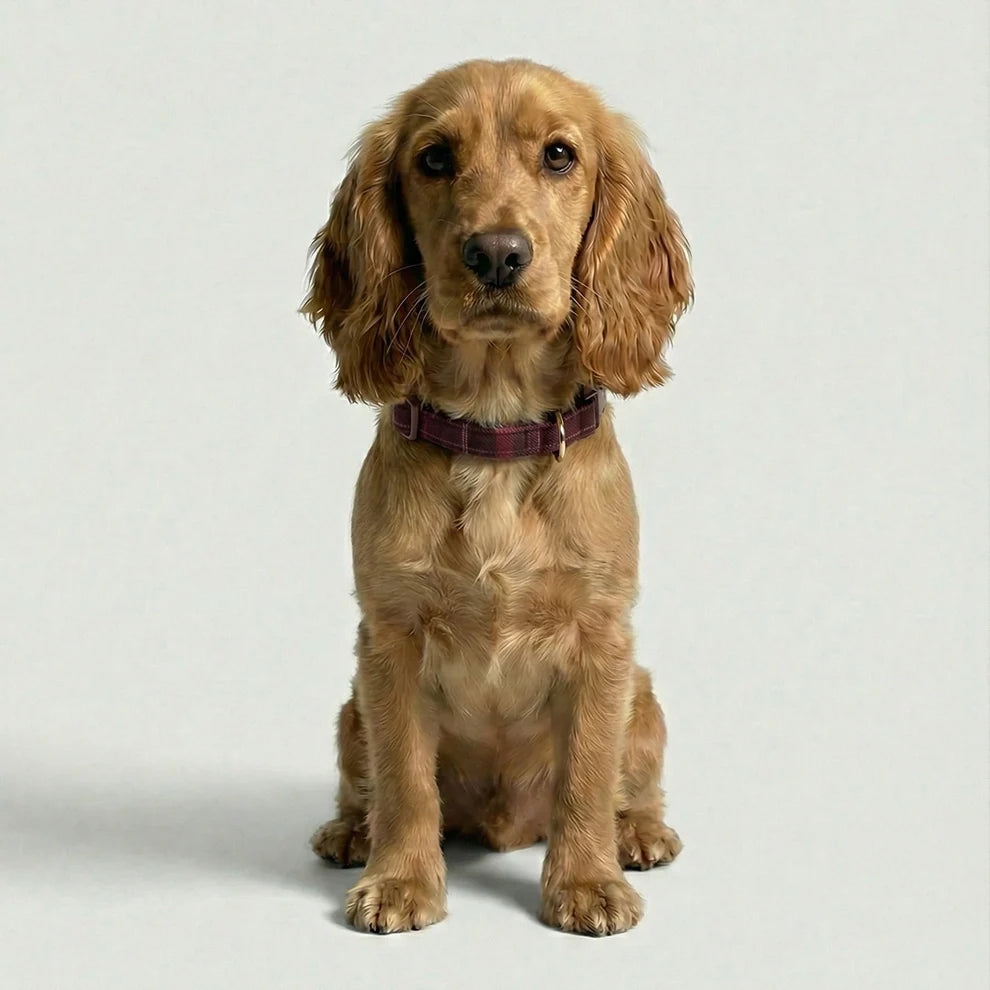 Brown dog wearing a purple collar on a light gray background
