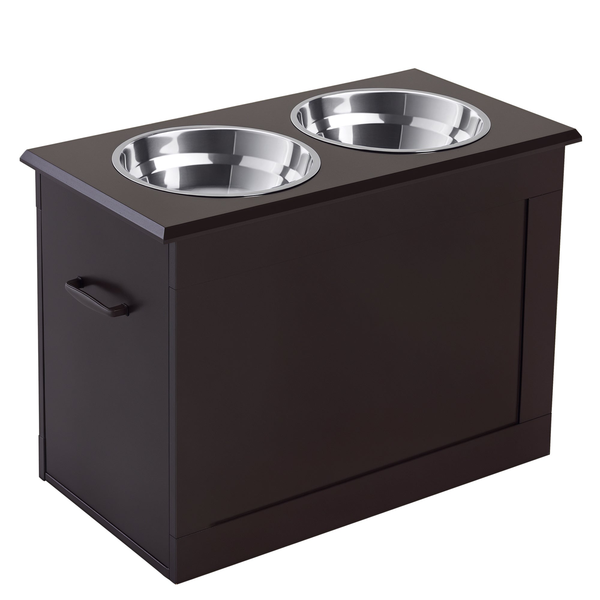 Brown pet feeding station with two stainless steel bowls on a white background