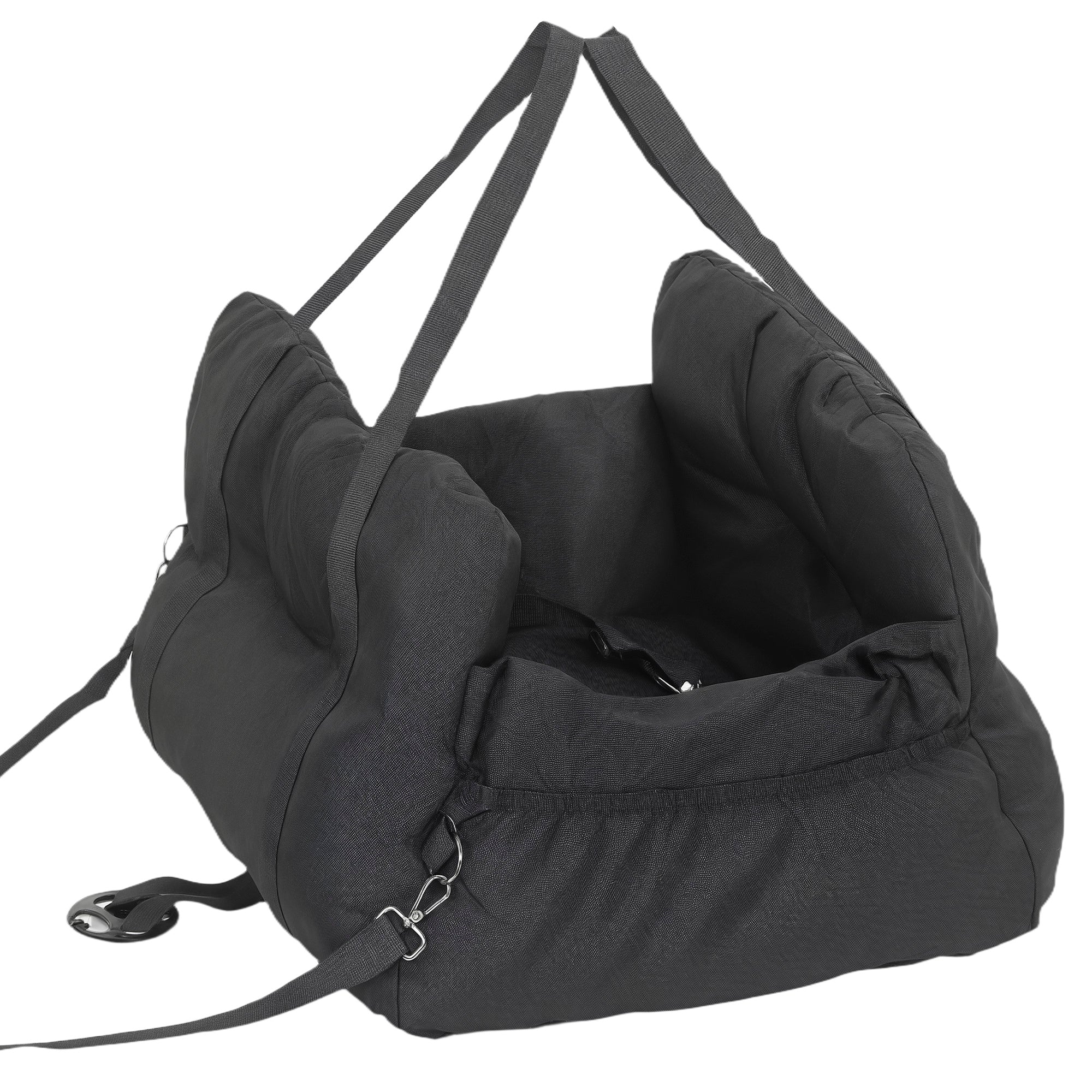 Black pet car seat with straps on a white background