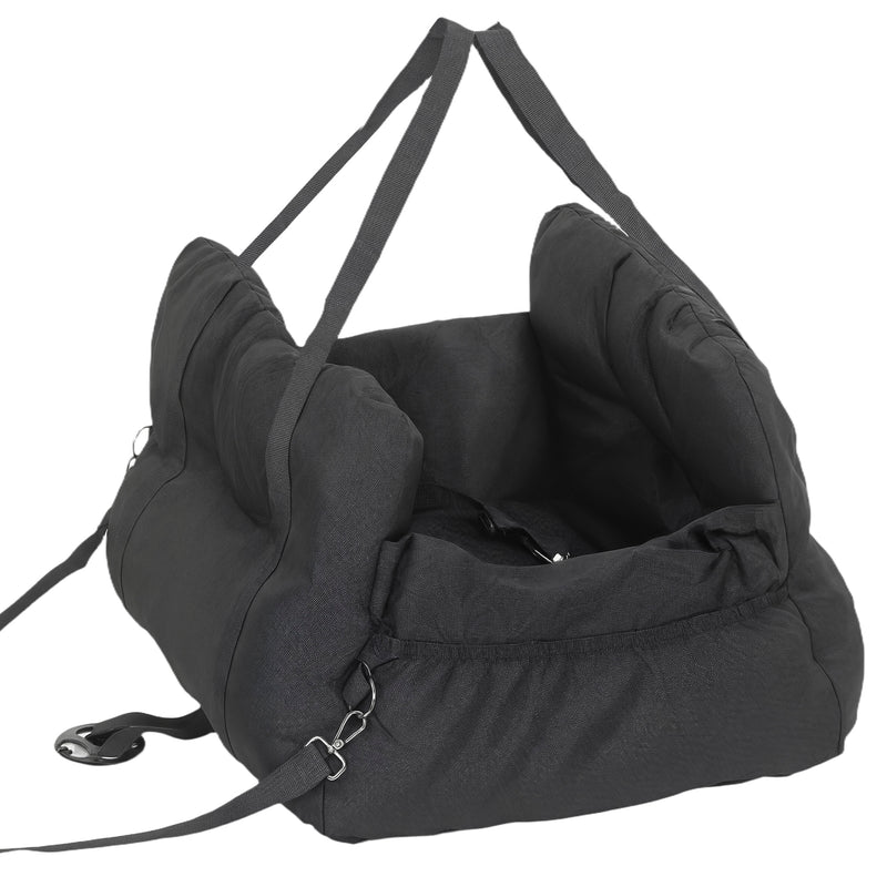 Black pet car seat with straps on a white background