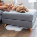 Dog lying on a gray ottoman with a person sitting on a couch in a living room.