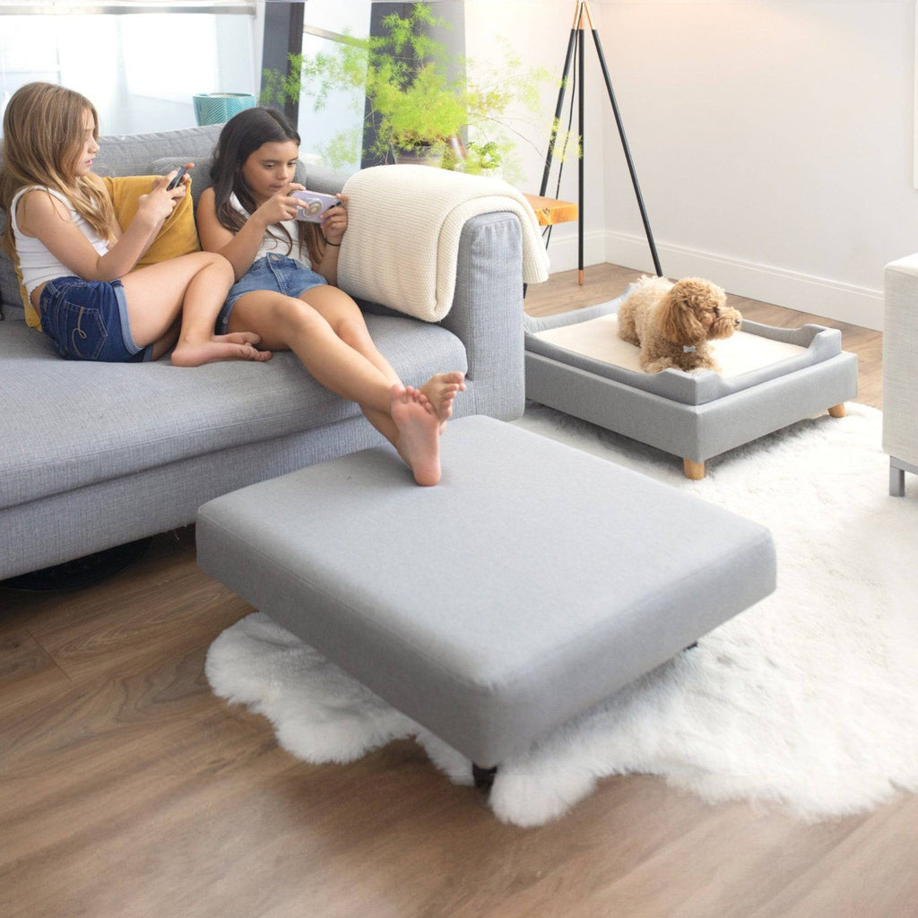 Two women sitting on a gray sectional sofa with a dog on a small ottoman in a modern living room.
