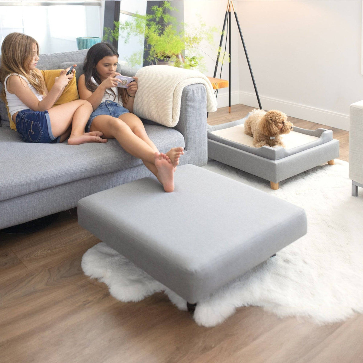 Two women sitting on a gray sectional sofa with a dog on a small ottoman in a modern living room.