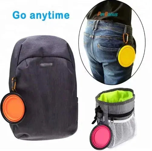 Collapsible pet bowl with backpack attachment and waist bag on a white background
