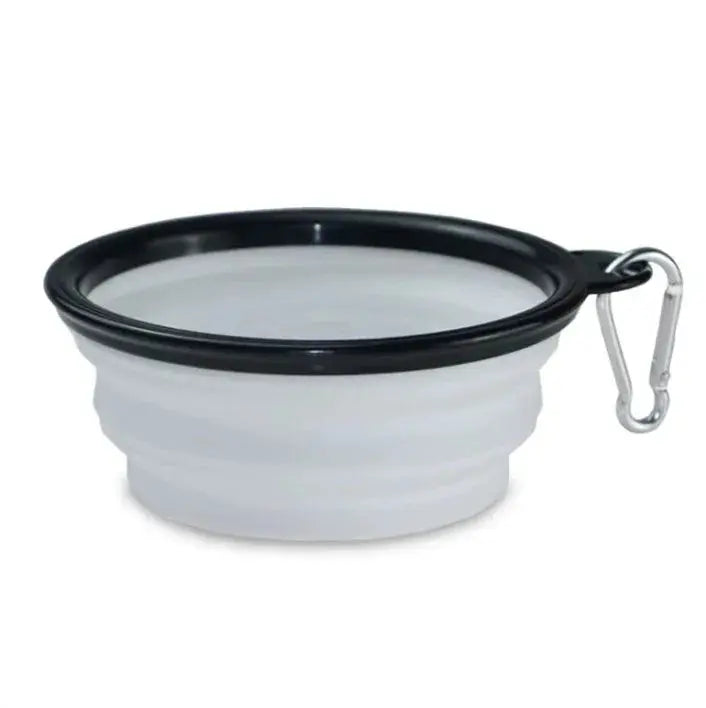 Collapsible white dog bowl with black rim and carabiner on a white background