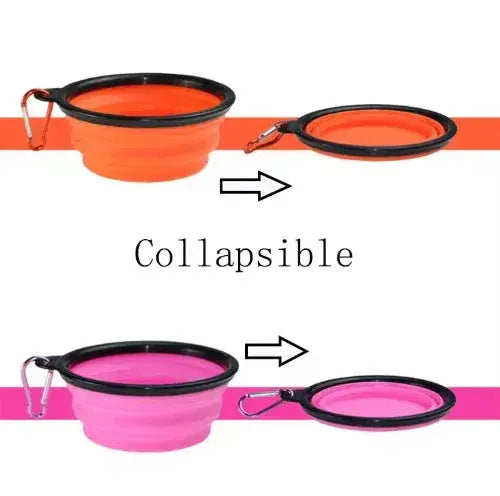 Collapsible pet bowls in orange and pink with carabiners on a white background.